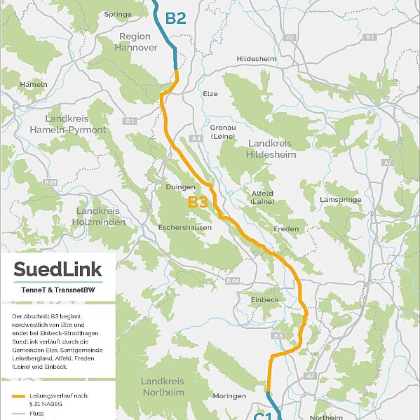 SuedLink-Planfeststellungsabschnitt B3 im südlichen Niedersachsen